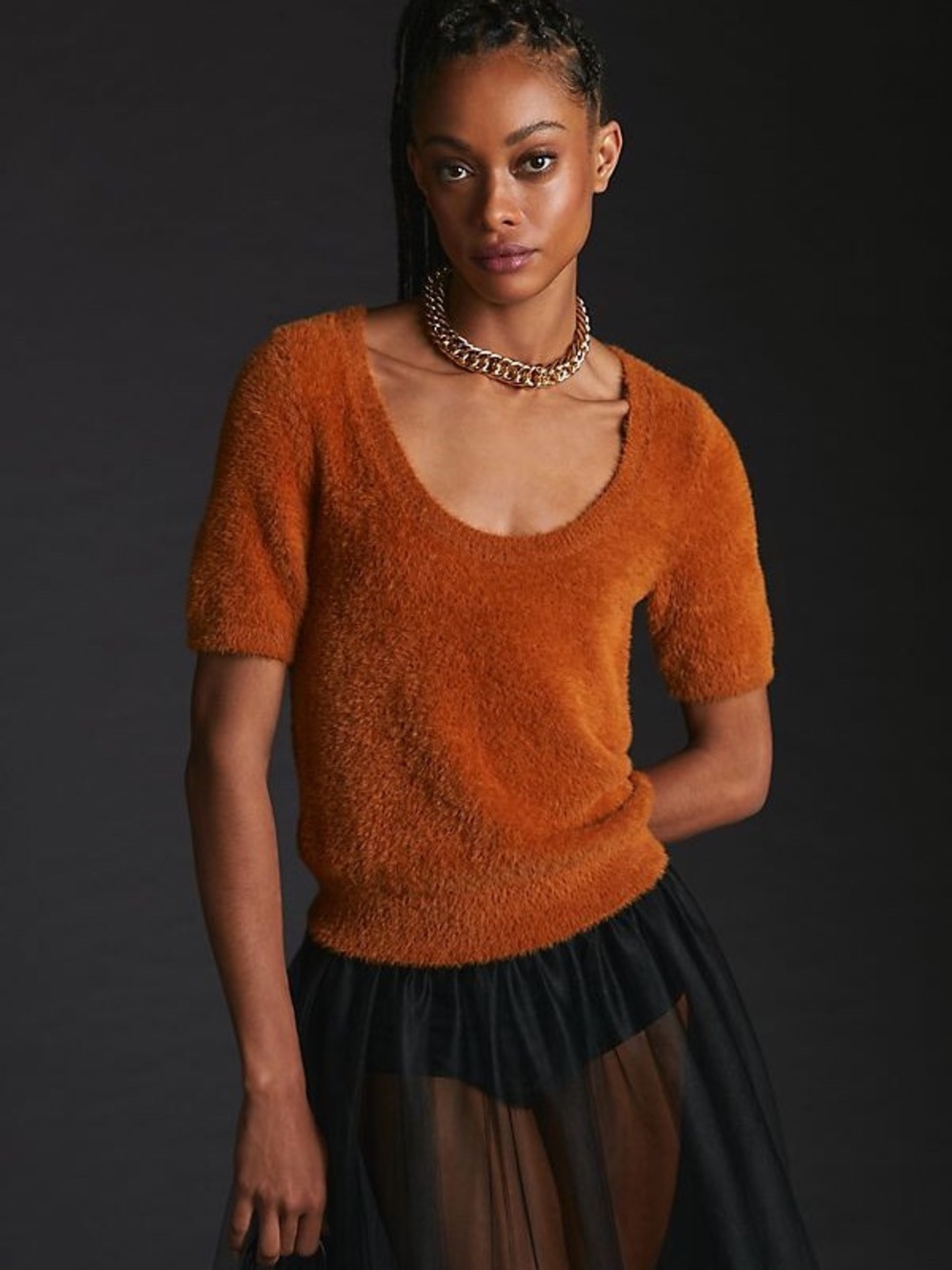Anthropologie Maeve Scoop Neck Fuzzy Eyelash Sweater Tee Size Small Orange